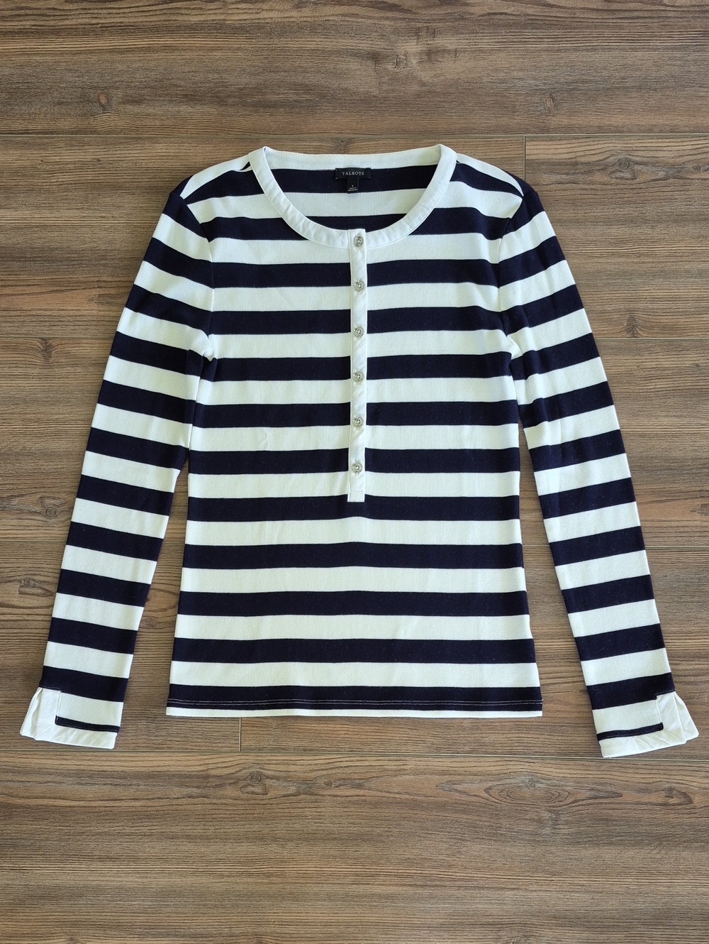 Talbots Navy and White Striped Henley Long-Sleeve Top